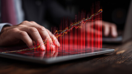 Businessman monitoring real-time profit growth as augmented red bar graph rises from tablet surface.
