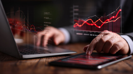 Businessman monitoring real-time profit growth as augmented red bar graph rises from tablet surface.
