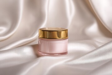 A pink cosmetic cream jar with a gold lid rests on a white silk backdrop. The fabric drapes elegantly, catching the light in soft waves that enhance the producta??s luxury appeal