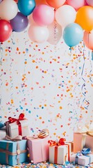 A lively and colorful birthday party scene showcasing an abundance of balloons, wrapped gifts, and festive streamers against a crisp white background, creating a cheerful celebration atmosphere.
