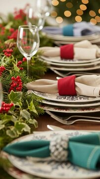 Christmas and new year dining table decorations with festive garland, plates, and glasses footage.