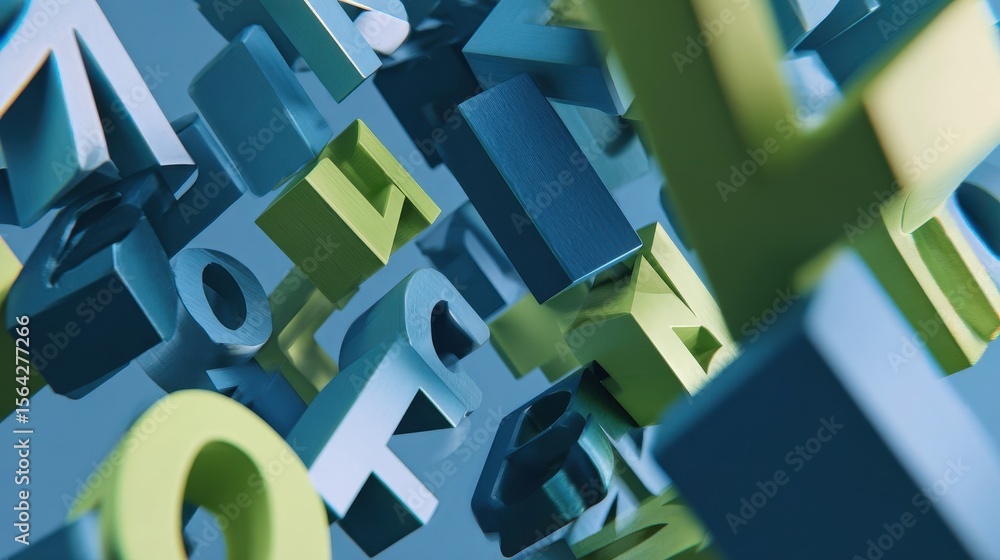 Poster abstract design of letters and numbers in teal and lime green.
