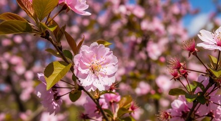Blossom Serenity: A close-up shot unveils the delicate beauty of pink cherry blossoms in full bloom, evoking the fresh essence of spring.