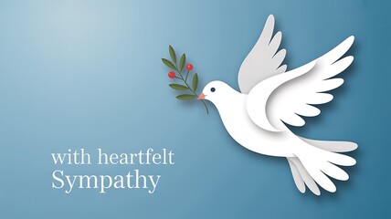 Obraz premium White dove carrying olive branch with heartfelt sympathy message on blue background