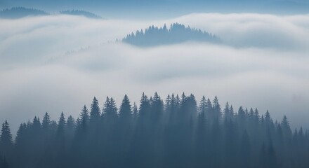 Morning mist drapes over the mountain landscape, with trees and a lake emerging from the ethereal fog under a soft sky