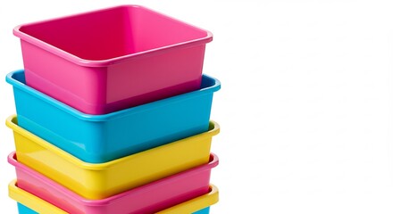 Stacked Colorful Plastic Storage Bins on White Background, Organization Concept