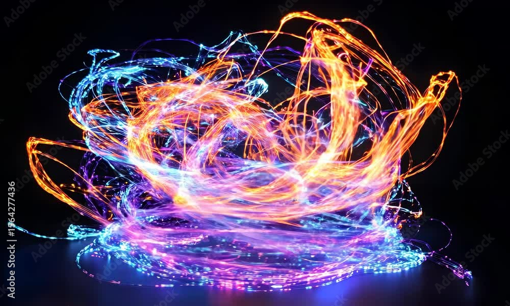 Poster visual display of colorful light patterns swirling in a dark environment