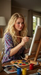 Young Woman Painting on Canvas in Cozy Room with Natural Light