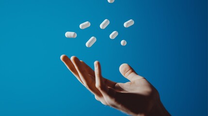 Hand reaching toward falling white capsules on blue background