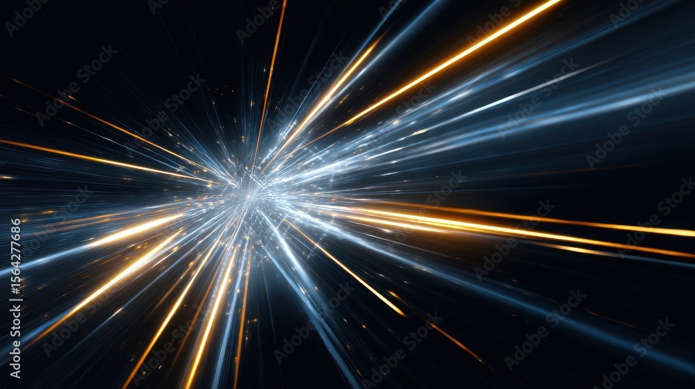 Poster radiating lines of light in a dark space.