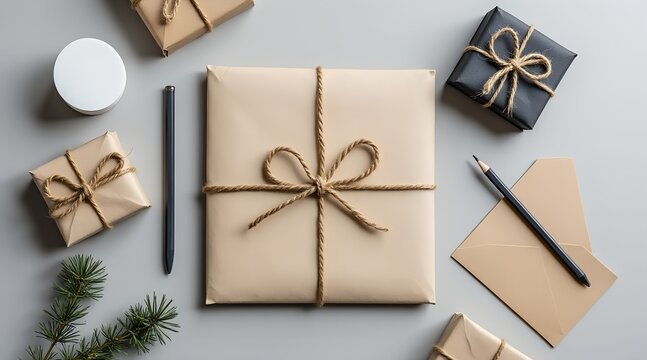 Gifts wrapped in craft paper and tied with string on gray