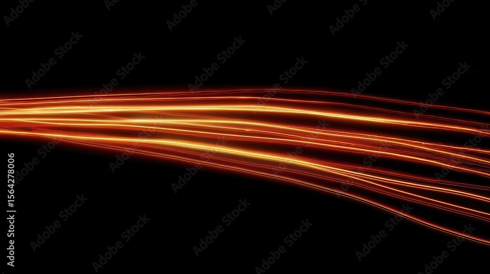Poster abstract design of multiple orange light trails on a black background.