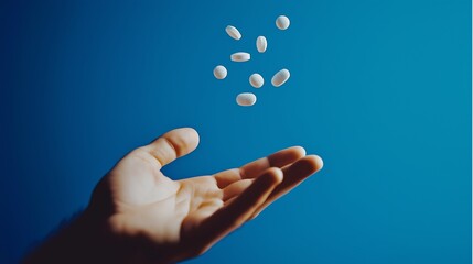 Hand catching falling white pills against blue background