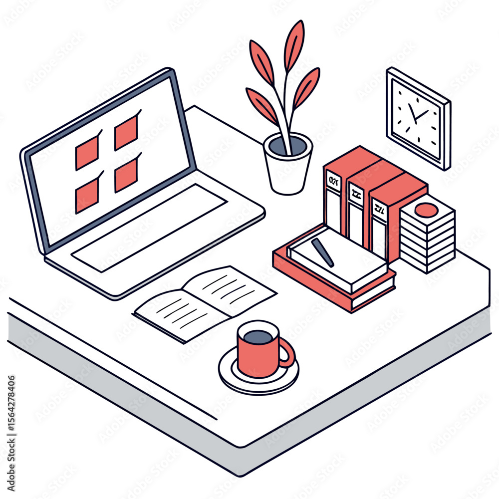 Poster isometric illustration of a desk with a laptop displaying a checklist books a plant a clock and a cu