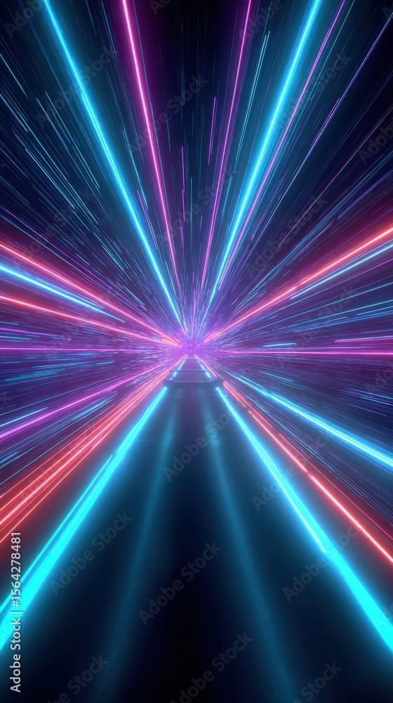 Poster vibrant neon laser light streaks creating a futuristic tunnel with glowing neon lines in high-speed 