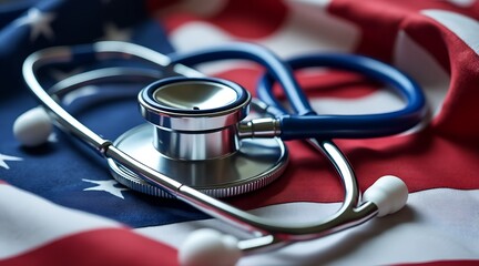 A stethoscope rests on an american flag