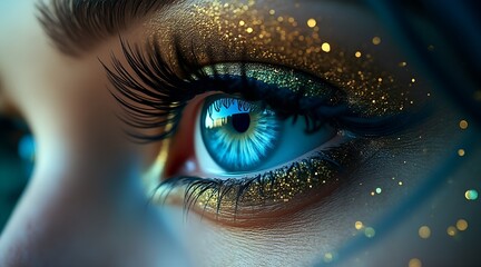 Fototapeta premium A closeup of a blue eye with golden glitter makeup