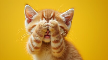 An orange tabby kitten hides its face with its paws