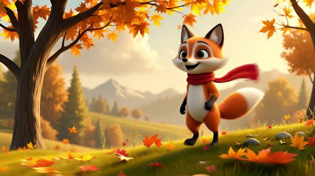 Cheerful cartoon fox walking through vibrant autumn landscape under bright sunny skies with colorful leaves and mountains in the background