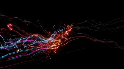 Abstract display of vibrant lines and particles in motion.