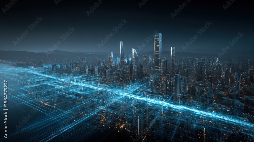 Poster futuristic city skyline with advanced digital technology and glowing infrastructure highlighting inn