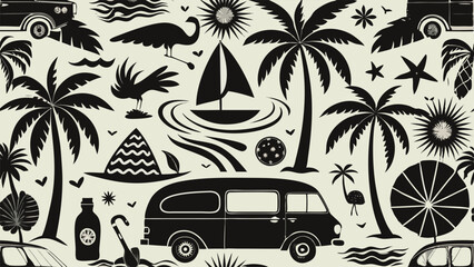 Obraz premium Black and white retro vacation scene with palm trees and vintage van travel summer