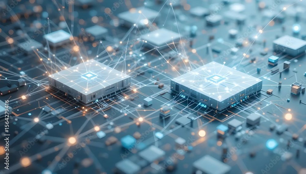 Aufkleber circuit board technology showcases microchips and glowing networks for data transfer and innovation.