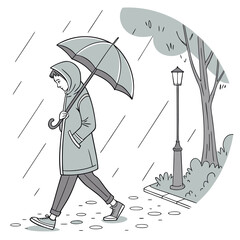 Obraz premium A solitary person walks down a street holding an umbrella under the pouring rain next to a lamppost and a tree
