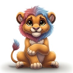 Fototapeta premium Adorable cartoon lion cub with pink and blue mane, sitting with paws crossed, against a white background.