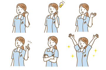 笑顔でポーズする若い女性看護師のセットイラスト