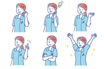 笑顔でポーズする若い女性看護師のセットイラスト