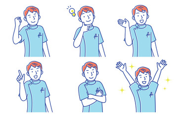 笑顔でポーズする若い男性看護師のセットイラスト