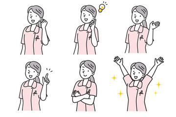 笑顔でポーズする若い女性看護師のセットイラスト