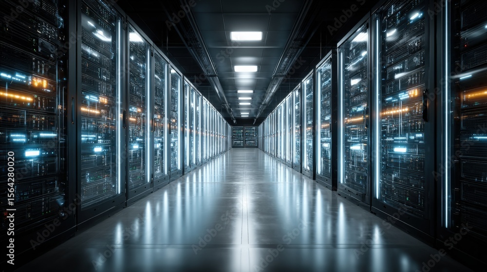 Poster modern data center server room with rows of high-tech servers and cooling systems in a large digital