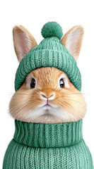 Cute and Adorable Bunny Wearing Green Knit Sweater and Hat with Pom Pom for Winter Theme or Easter Celebration