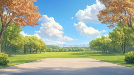 Peaceful park landscape with digital cartoon sky. Tranquil nature with green grass and trees. Outdoors cityscape, serene field, blue clouds, vibrant environment, empty open space, scenic skyline.