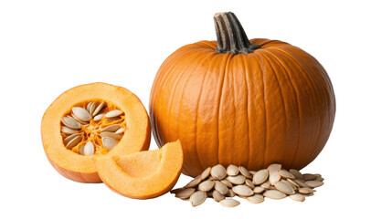 Fresh Orange Pumpkin with Slices and Seeds on White Background Ideal for Harvest Season, Thanksgiving Decor, Fall Cuisine, and Halloween Celebrations