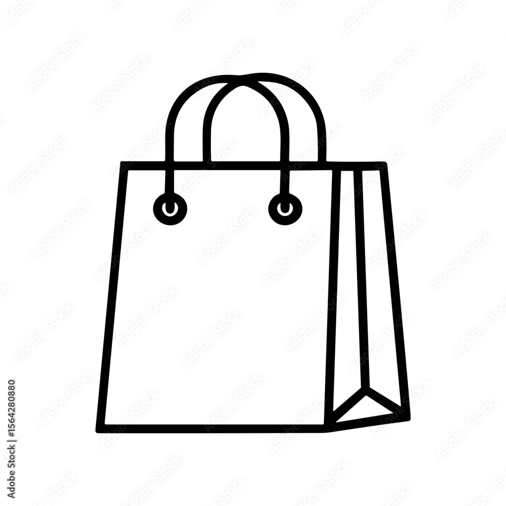 Poster a simple line drawing of a paper shopping bag with handles and reinforced bottom.