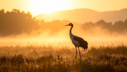 Fototapeta premium Elegant Red-Crowned Crane Silhouette in Golden Misty Sunrise Landscape, Wild Bird in Natural Habitat, Wildlife Photography