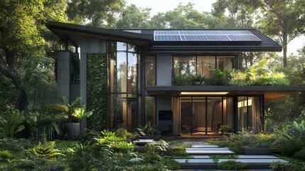 Fototapeta premium Create an engaging illustration of a sustainable modern house, showcasing sleek architecture with solar panels and a heat pump, surrounded by greenery, emphasizing eco-friendly living
