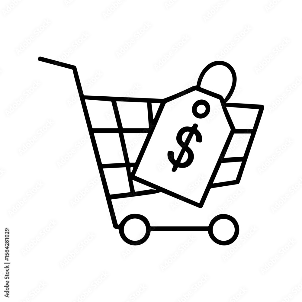 Poster shopping cart icon with a price tag displaying a dollar sign.
