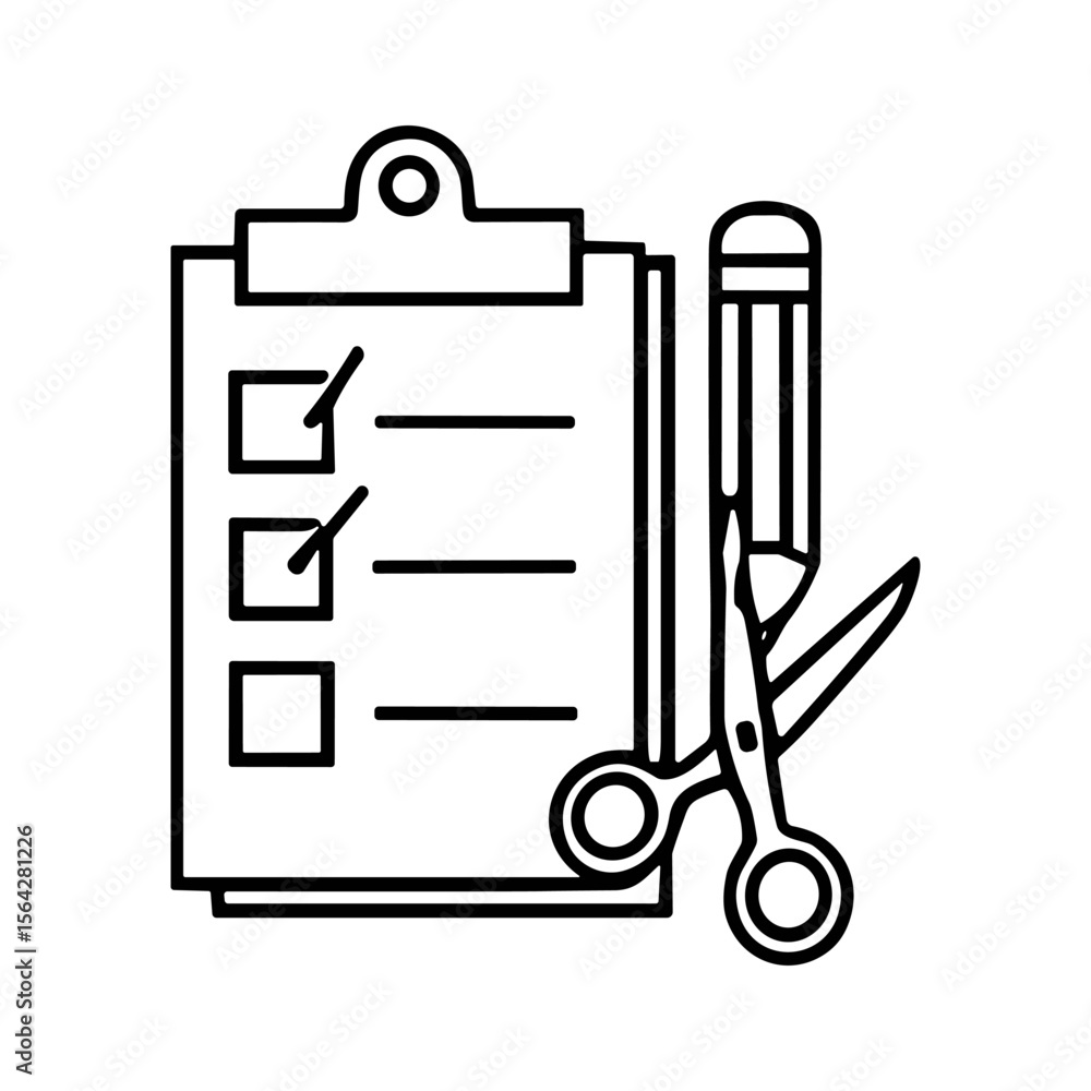 Aufkleber a clipboard with checklist and pencil with scissors, ready for tasks.