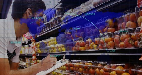 store employee approaching aisle and inspecting fruit under heatmap overlays for stock analysis - Powered by Adobe