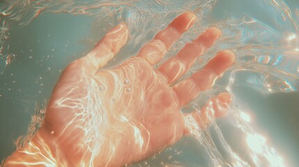 Human hand underwater with sunlight reflections