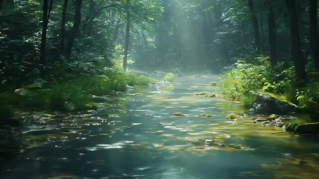 Lush Green Forest River with Sunlit Highlights and Dark Foliage creating a Tranquil and Serene Landscape for Adobe