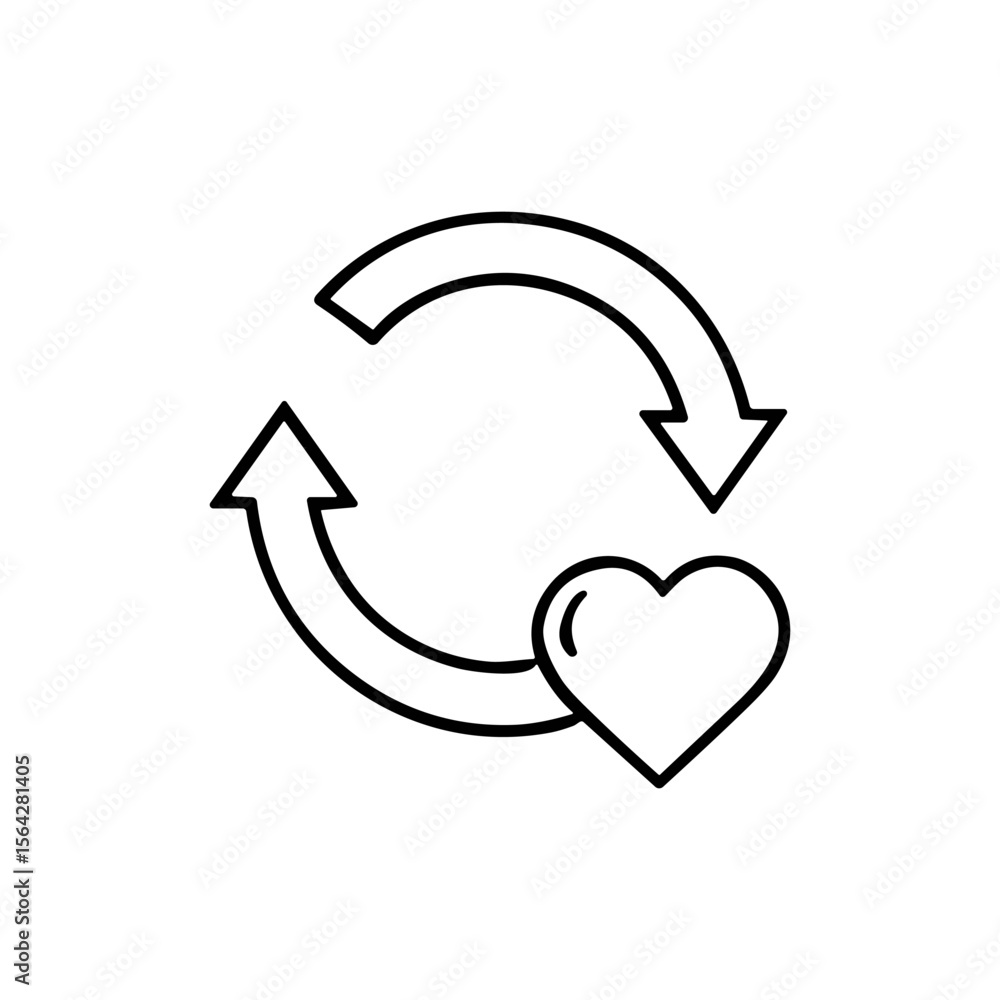 Poster a simple black and white line drawing showing a heart within a circular arrow symbol.
