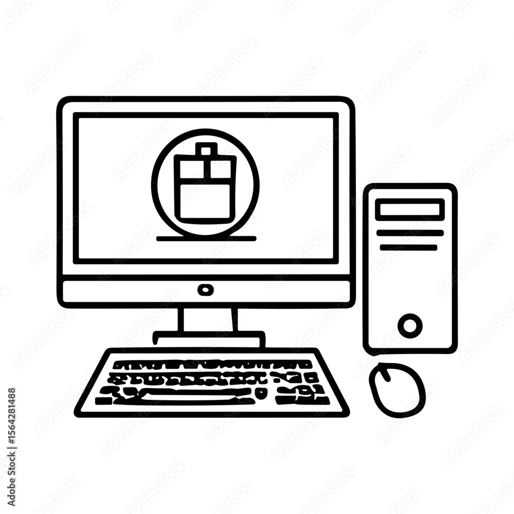 Fototapete simple line drawing of a computer with a battery icon displayed on the monitor.