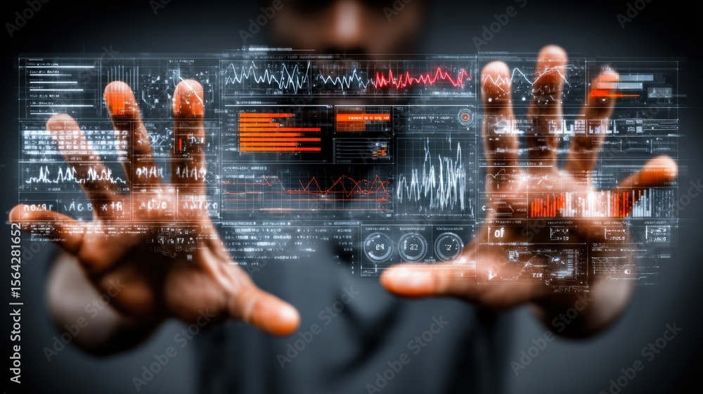 Aufkleber Futuristic Human Hands Interacting with a Digital Data Interface Showing Charts Graphs and Analytics in a High Tech Environment