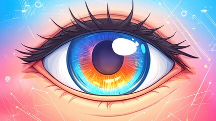 Colorful abstract eye digital illustration concept. Iris, pupil, eyelashes, and eyelid form a vibrant surreal vision. Conceptual design, vibrant art, digital format, ideal for vision, anatomy, or