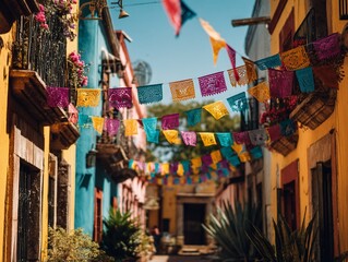 Colorful paper flags and garlands hanging in the air